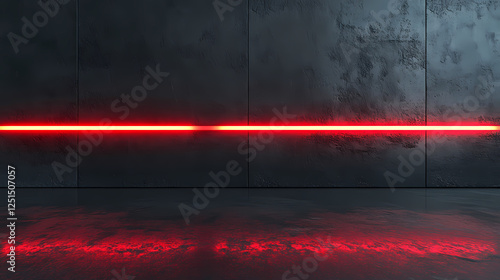 3D render of an abstract background with a red laser light line on a dark grey wall, with empty space for product presentation