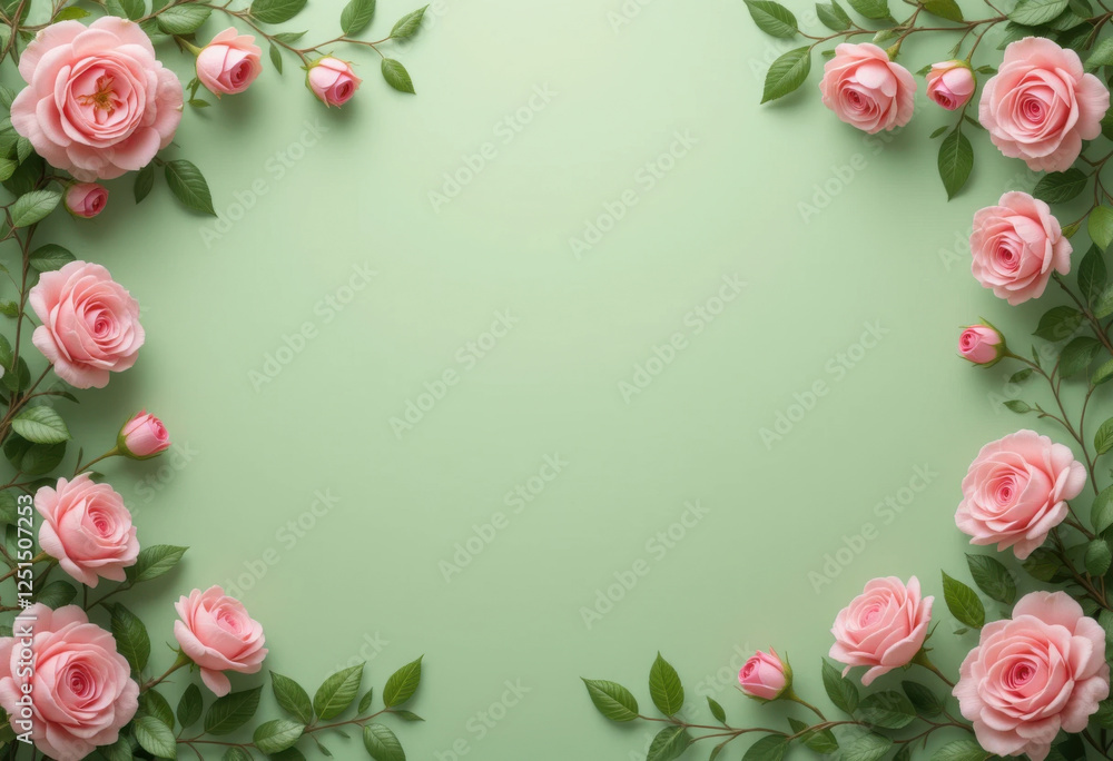 Fondo verde pastel con un delicado marco de rosas rosas y hojas verdes, dejando un espacio vacío en el centro para texto o diseño
Fondo verde pastel con un delicado marco de rosas rosas y hojas verdes, dejando un espacio vacío en el centro para texto o diseño