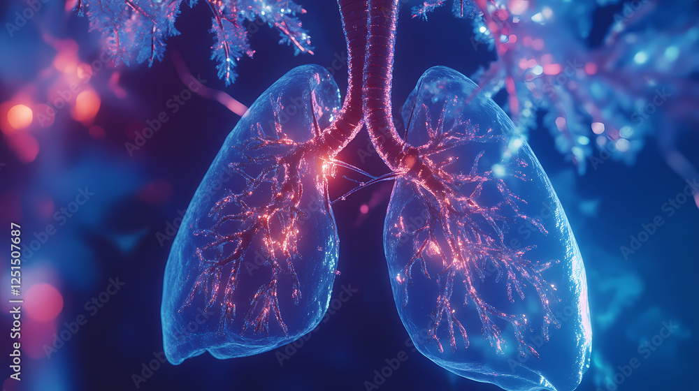 3D render of human lungs in blue color on a dark background, a medical concept. Close-up view with focus on the central part of the lungs 3D render of human lungs in blue color on a dark background, a medical concept. Close-up view with focus on the central part of the lungs