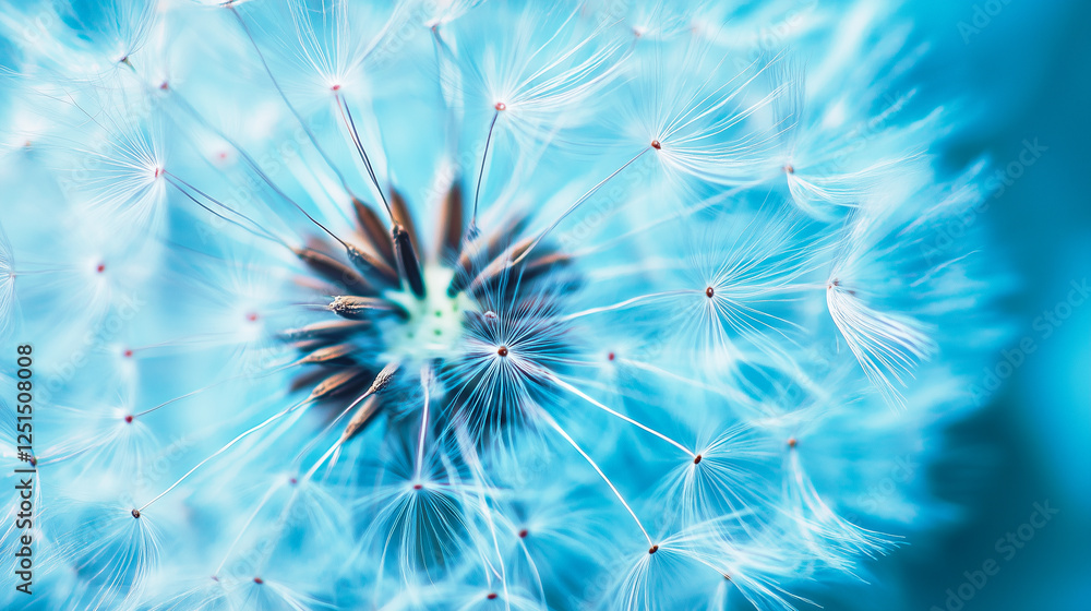 Obraz premium Delicate dandelion seed head with soft blue background perfect for nature, wellness, and inspirational designs