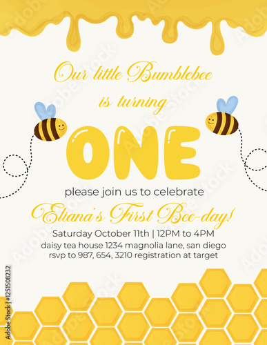 Birthday invitation card vector template design. Bumblebee birthday Party theme with honey comb, honey and honey bee watercolor background.
