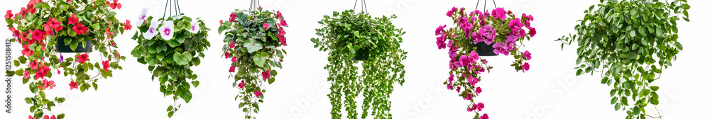 Fototapeta premium Set of colorful hanging flowers in a bush, isolated on a white background