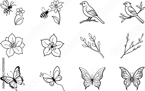 Simple Line Drawings Bees, Birds, Flowers, Butterflies, Branches