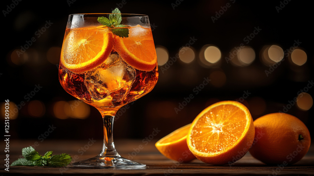 refreshing cocktail with orange slices and mint, served in glass refreshing cocktail with orange slices and mint, served in glass