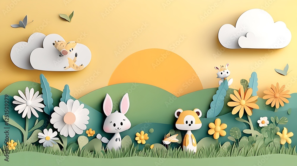 Fototapeta premium Papercraft Animals in a Sunny Meadow Illustration AI Generated
