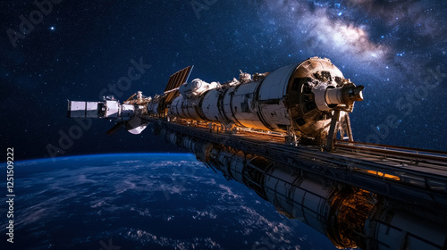 Fototapeta Naklejka Na Ścianę i Meble -  Space station docking with a spacecraft under the Milky Way