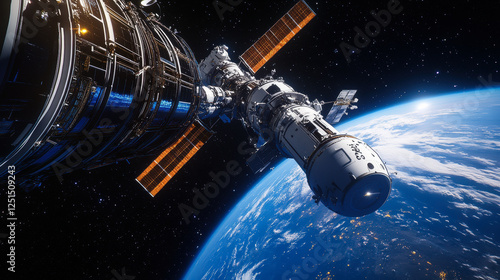 Fototapeta Naklejka Na Ścianę i Meble -  Space station docking with a spacecraft under the Milky Way