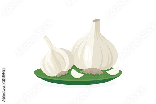 Garlic on plate flat vector illustration isolated on white background