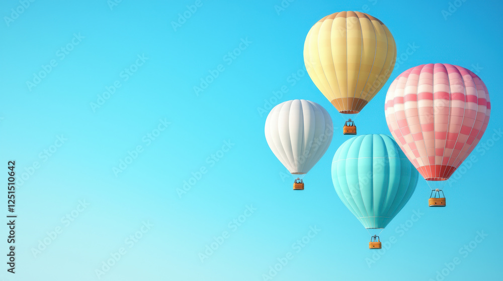 Obraz premium Sky scene with floating hot air balloon concept. Colorful hot air balloons in a clear blue sky