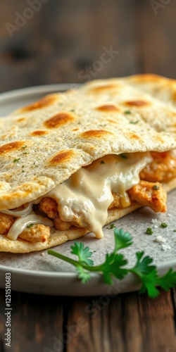 Wallpaper Mural Delicious flatbread filled with tender chicken and creamy sauce served on a rustic wooden table Torontodigital.ca