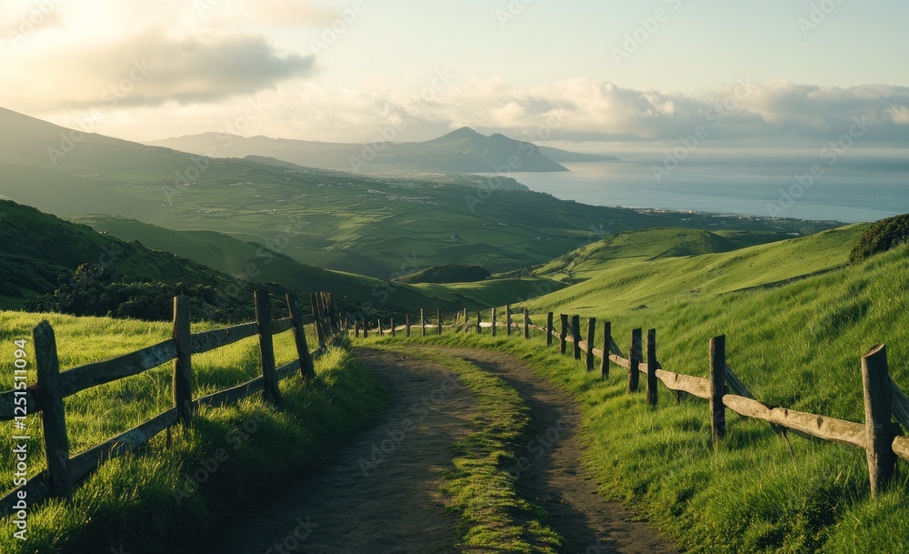 Scenic winding road through green hills and ocean view. Scenic winding road through green hills and ocean view.