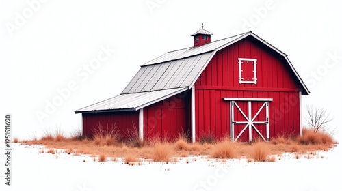 A vivid red barn stands amidst a snowy landscape, showcasing its grandeur and majesty.