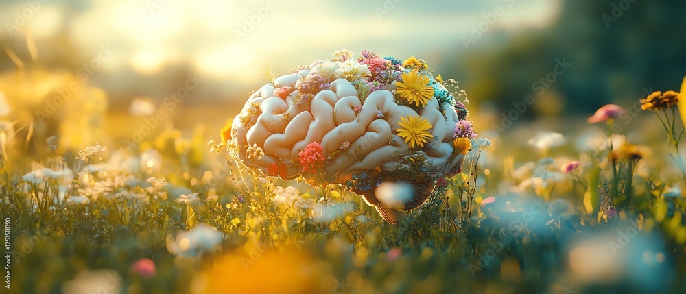 Obraz premium A brain blooming with plants and flowers in a meadow, symbolizing the harmony between nature and mental wellness, bright, natural light, peaceful scene