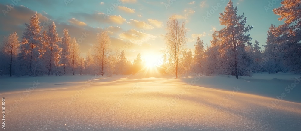 Naklejka premium Snowy forest sunrise winter calm