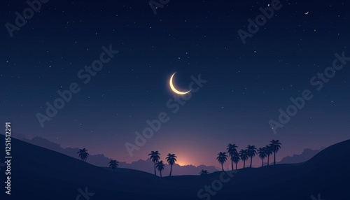 Crescent moon over a desert landscape at night