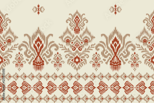 Seamless ethnic ikat pattern featuring tribal and folk embroidery combined with Mexican Aztec geometrics. Perfect for graphic art, rug design, wallpaper, wrapping and clothing.