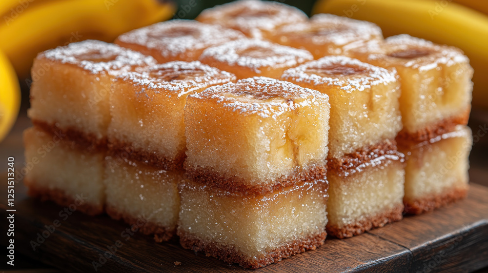 Delicious banana bread squares arranged neatly on rustic wooden table, showcasing golden glaze and soft texture Delicious banana bread squares arranged neatly on rustic wooden table, showcasing golden glaze and soft texture