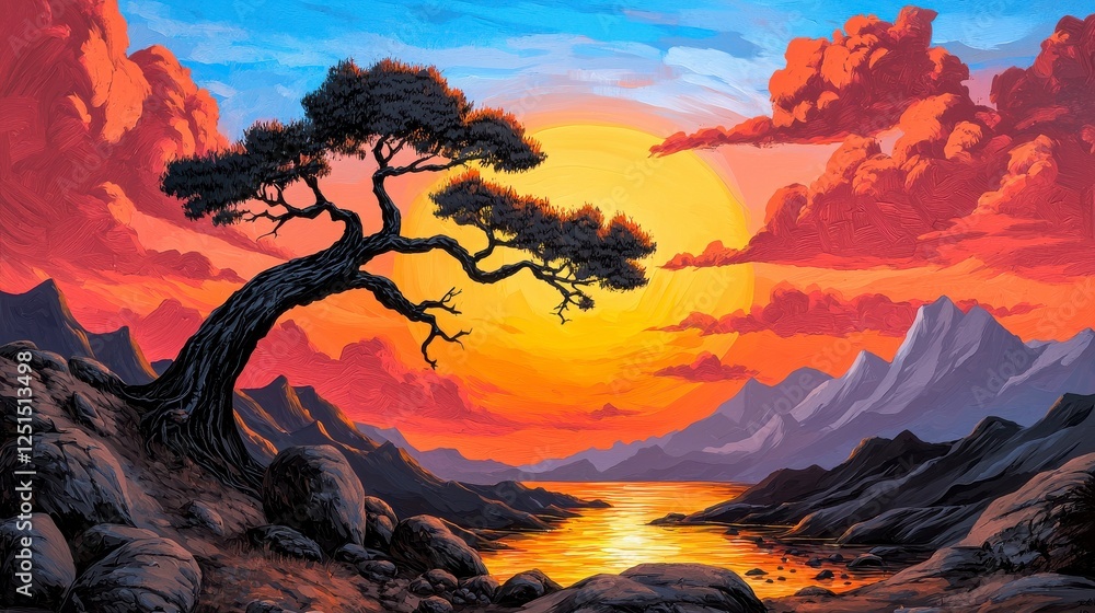 Stunning Sunset Painting Over a Serene Landscape with Tree Silhouette Stunning Sunset Painting Over a Serene Landscape with Tree Silhouette