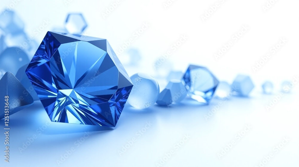 A vibrant blue gemstone rests amidst an array of luminous geometric shapes. A vibrant blue gemstone rests amidst an array of luminous geometric shapes.