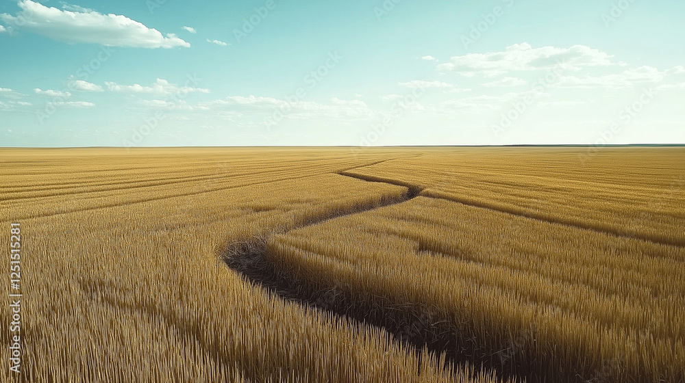 Golden wheat field with tractor tracks stretching towards the horizon under a serene blue sky with fluffy white clouds, creating a picturesque rural landscape Golden wheat field with tractor tracks stretching towards the horizon under a serene blue sky with fluffy white clouds, creating a picturesque rural landscape