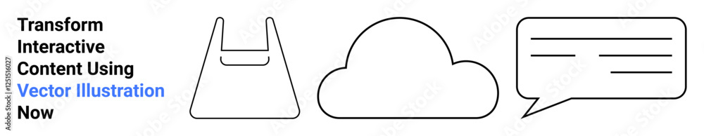 Minimalistic black and white outlines of a shopping bag, cloud, and speech bubble. Ideal for e-commerce, cloud computing, communication, minimal designs, branding, marketing and flat landing page Minimalistic black and white outlines of a shopping bag, cloud, and speech bubble. Ideal for e-commerce, cloud computing, communication, minimal designs, branding, marketing and flat landing page