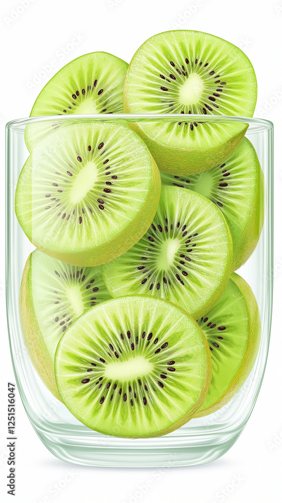 Fototapeta premium Ripe kiwi slices displaying bright green flesh and scattered black seeds sitting inside transparent glass against pristine white surface