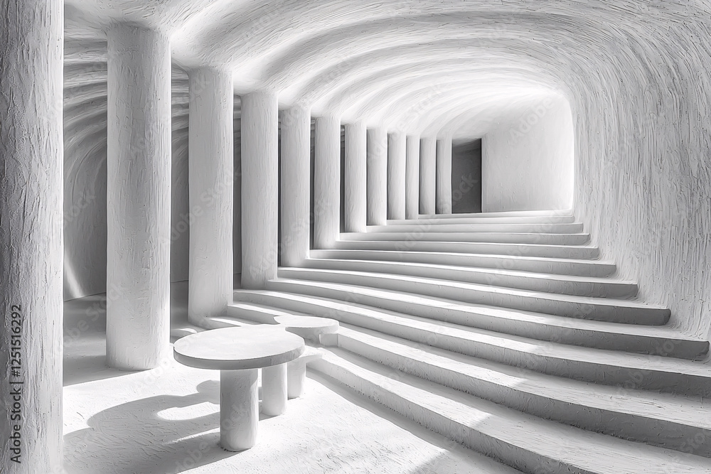 White textured steps and pillars lead to a bright opening, with a small table in the foreground. White textured steps and pillars lead to a bright opening, with a small table in the foreground.