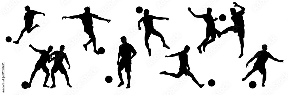 Set of silhouettes of football players. Men play ball. Black silhouettes of football players. Sports competitions Set of silhouettes of football players. Men play ball. Black silhouettes of football players. Sports competitions
