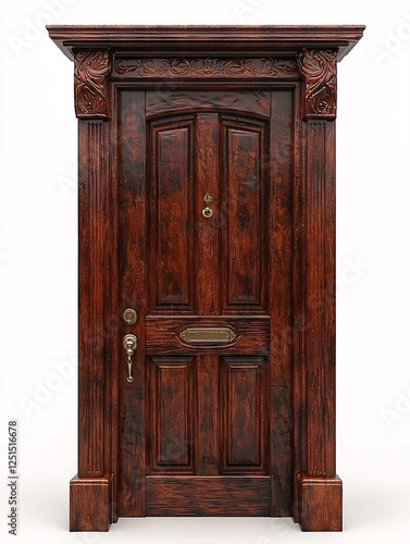 Ornate  dark wood entrance door with detailed carvings and brass hardware  set against a plain backdrop.