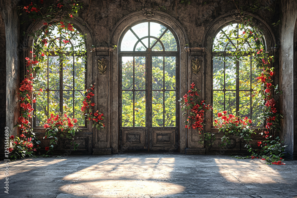 Obraz premium Sunlit weathered archway adorned with red flowers, overlooking lush greenery through old windowpanes.