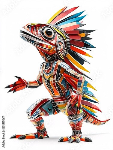 Wallpaper Mural Colorful, patterned lizard figure with feathers, standing on a white background. Torontodigital.ca