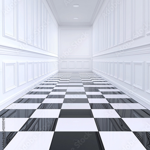 White paneled hallway with a black and white checkered glossy floor receding into the distance.