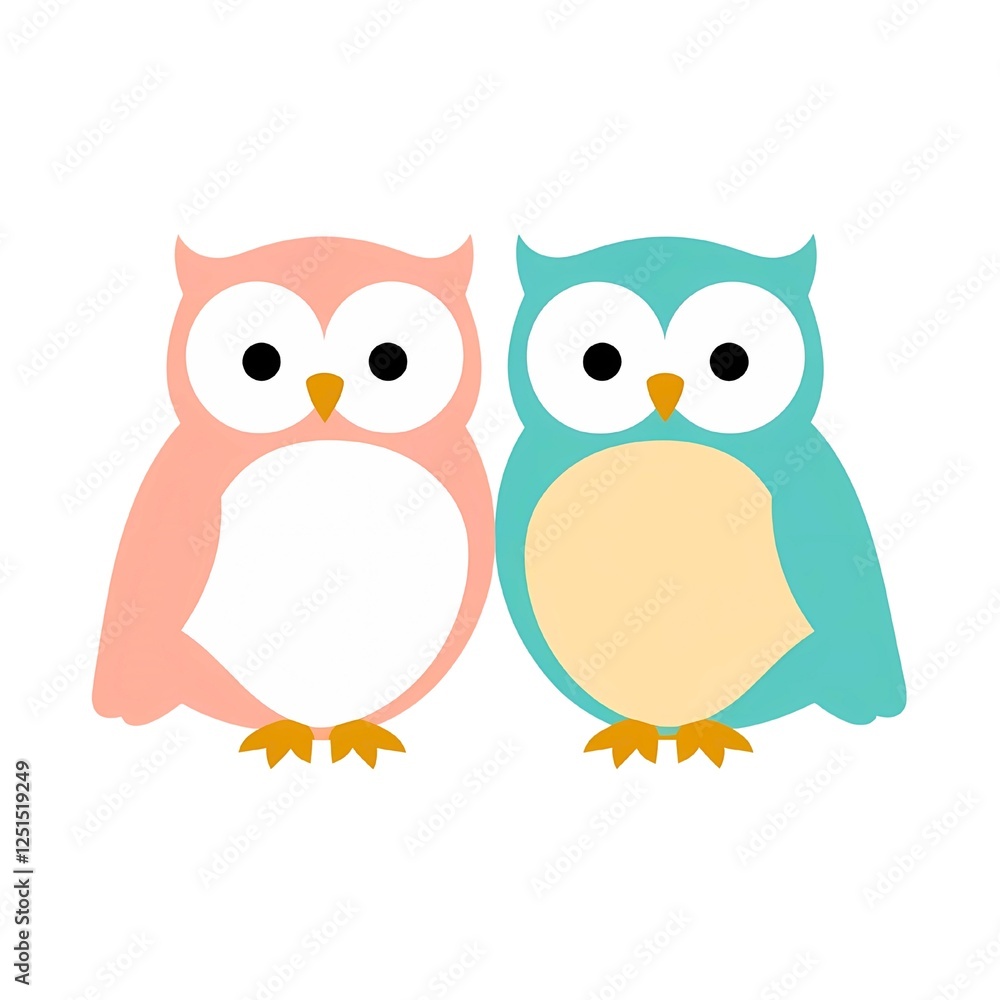 Two owls, pink and blue, stand side by side on a white background. They have big eyes and simple facial features, which makes the image cute and attractive. Two owls, pink and blue, stand side by side on a white background. They have big eyes and simple facial features, which makes the image cute and attractive.