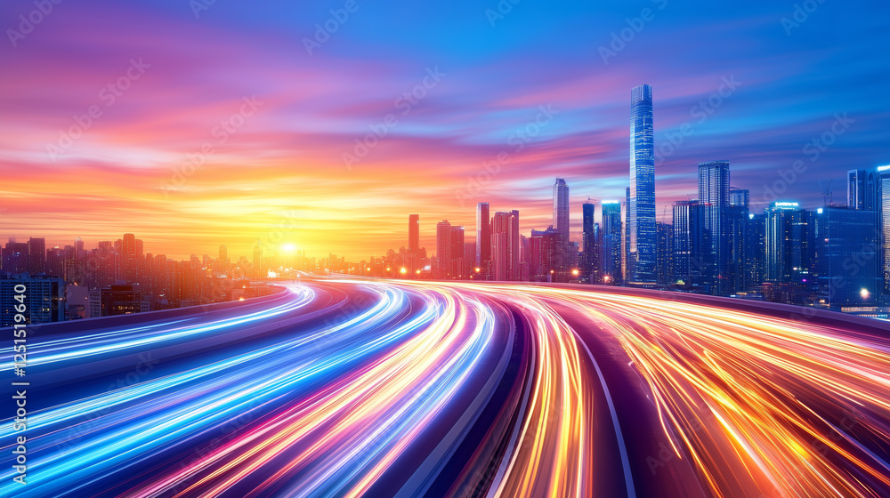 Fototapeta premium A stunning sunset casts a warm glow over a modern city skyline while colorful light trails from vehicles create dynamic movement along the highway