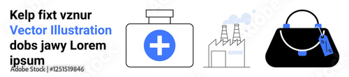 Medical kit symbolizing healthcare, factory emitting smoke for industrialization, and luxury handbag for fashion. Ideal for healthcare, industry, pollution, fashion, commerce, sustainability flat