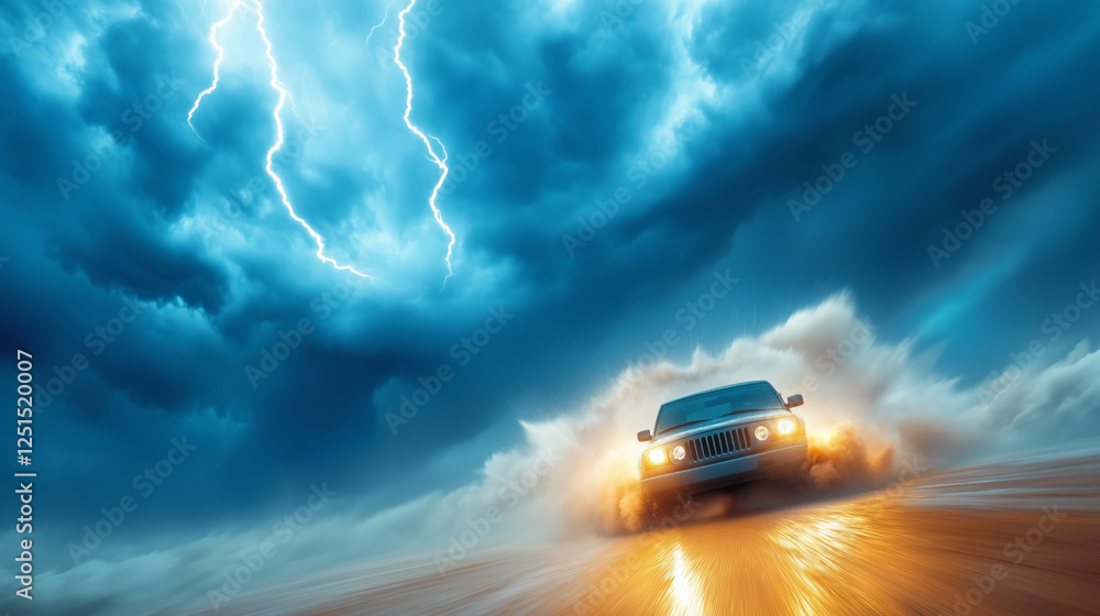 A dark, stormy sky is filled with lightning as a car navigates through heavy rain on a wet road during dusk, creating dramatic reflections and splashes A dark, stormy sky is filled with lightning as a car navigates through heavy rain on a wet road during dusk, creating dramatic reflections and splashes