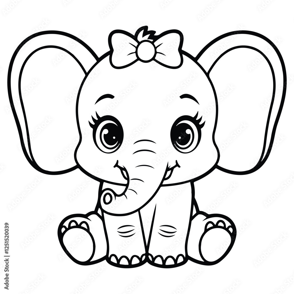 Fototapeta premium Cute baby elephant cartoon outline illustration.