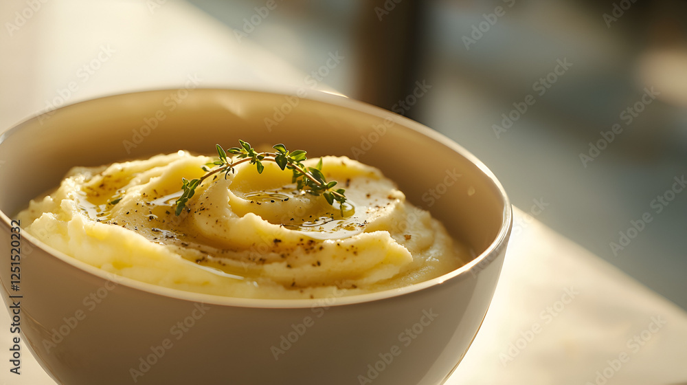 Creamy mashed potatoes, seasoned, topped with a sprig of herb, presented in a simple bowl. Comfort food perfection! Creamy mashed potatoes, seasoned, topped with a sprig of herb, presented in a simple bowl. Comfort food perfection!