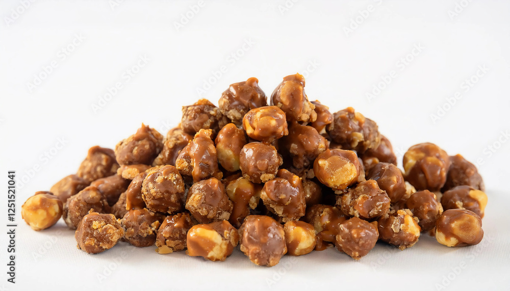 Obraz premium A pile of caramel-coated nuts, showcasing their rich texture and golden color. Perfect for sweet lovers and indulgent snack moments.