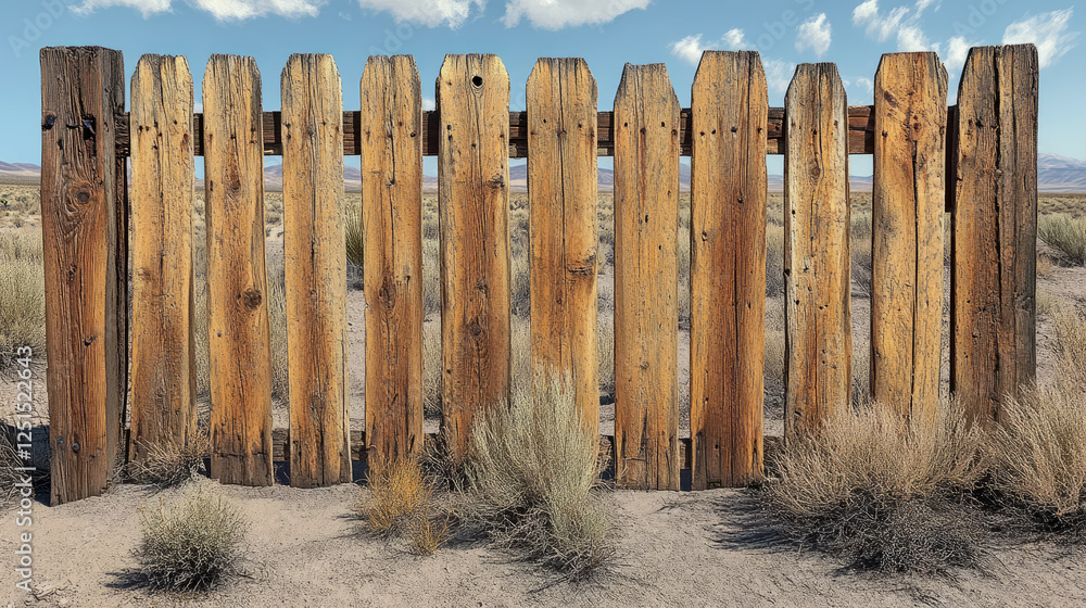 Fototapeta premium Rustic Wooden Fence in Arid Landscape, Protective Barrier Against Desert Backdrop