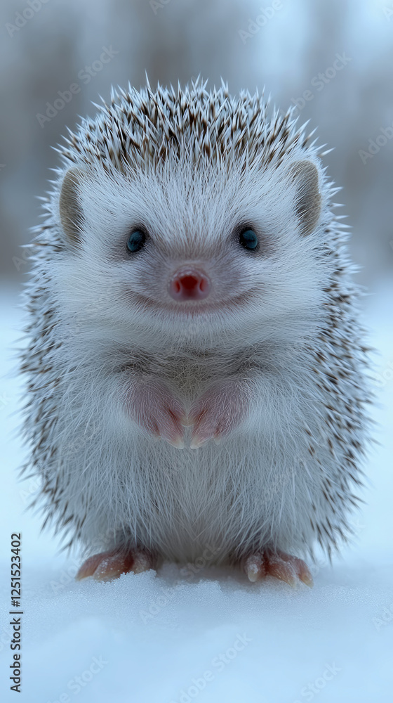 Obraz premium Winter Wildlife: A heartwarming portrait of an adorable white hedgehog in the snow, perfect for card or print