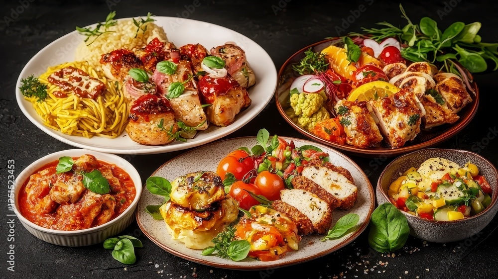 A vibrant display of various delicious dishes, including pasta, chicken, and salads, arranged beautifully on plates against a dark background. A vibrant display of various delicious dishes, including pasta, chicken, and salads, arranged beautifully on plates against a dark background.