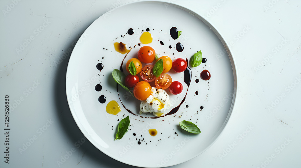 Elegant tomato and mozzarella salad with basil and balsamic glaze on a white plate. A culinary delight. Elegant tomato and mozzarella salad with basil and balsamic glaze on a white plate. A culinary delight.
