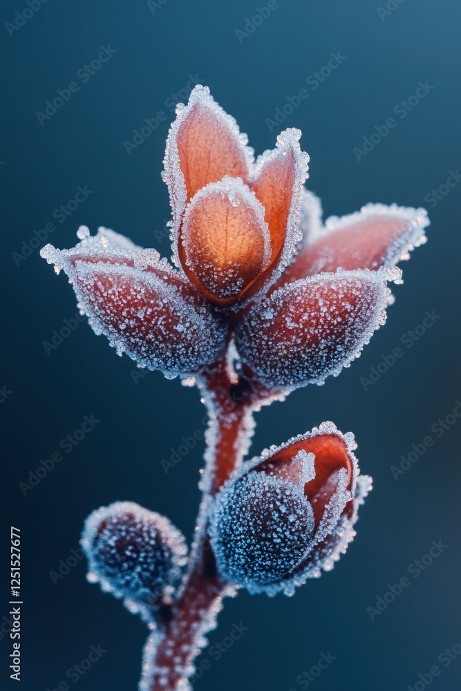 Frozen Beauty A Close Up of a Budding Plant Coated in Frost against a Dark Blue Background Frozen Beauty A Close Up of a Budding Plant Coated in Frost against a Dark Blue Background