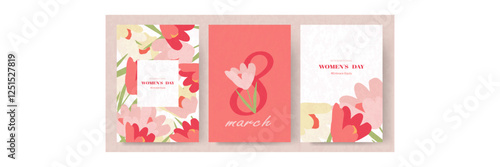 Happy Women's Day vector greeting cards set with flowers. Happy Women's Day greeting cards.