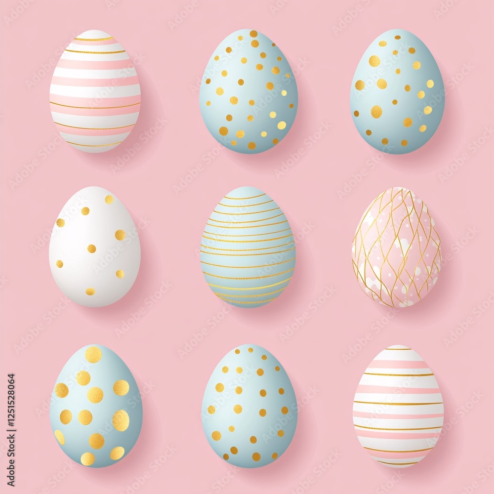 Luxury Easter eggs on pastel pink podiums, decorated with gold, white, and metallic textures, stylish holiday decoration, minimal design Luxury Easter eggs on pastel pink podiums, decorated with gold, white, and metallic textures, stylish holiday decoration, minimal design