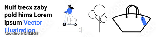 Woman rides electric scooter, minimal line art trees, handbag with tag nearby. Ideal for mobility, lifestyle, fashion, urban culture, retail, eco branding flat landing page banner