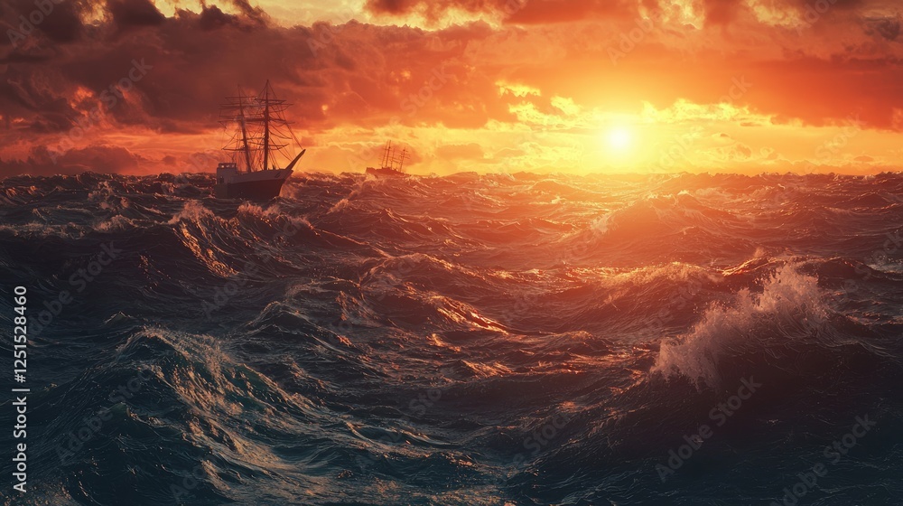 Obraz premium Sunset Stormy Seascape: Majestic Sailing Ships Braving the Waves at Golden Hour