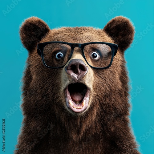 surprised brown bear wearing glasses against blue background, expressing shock