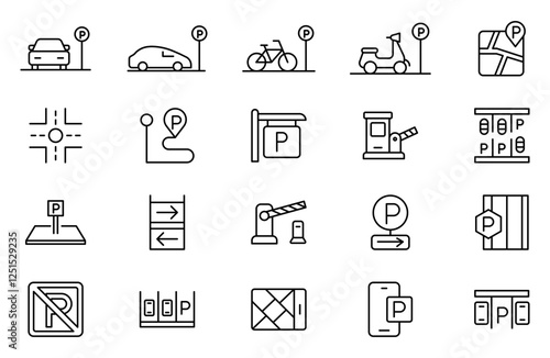 Parking line icon collection. Garage, paid parking, lift, automobile and car parking icon set. UI outline icons pack